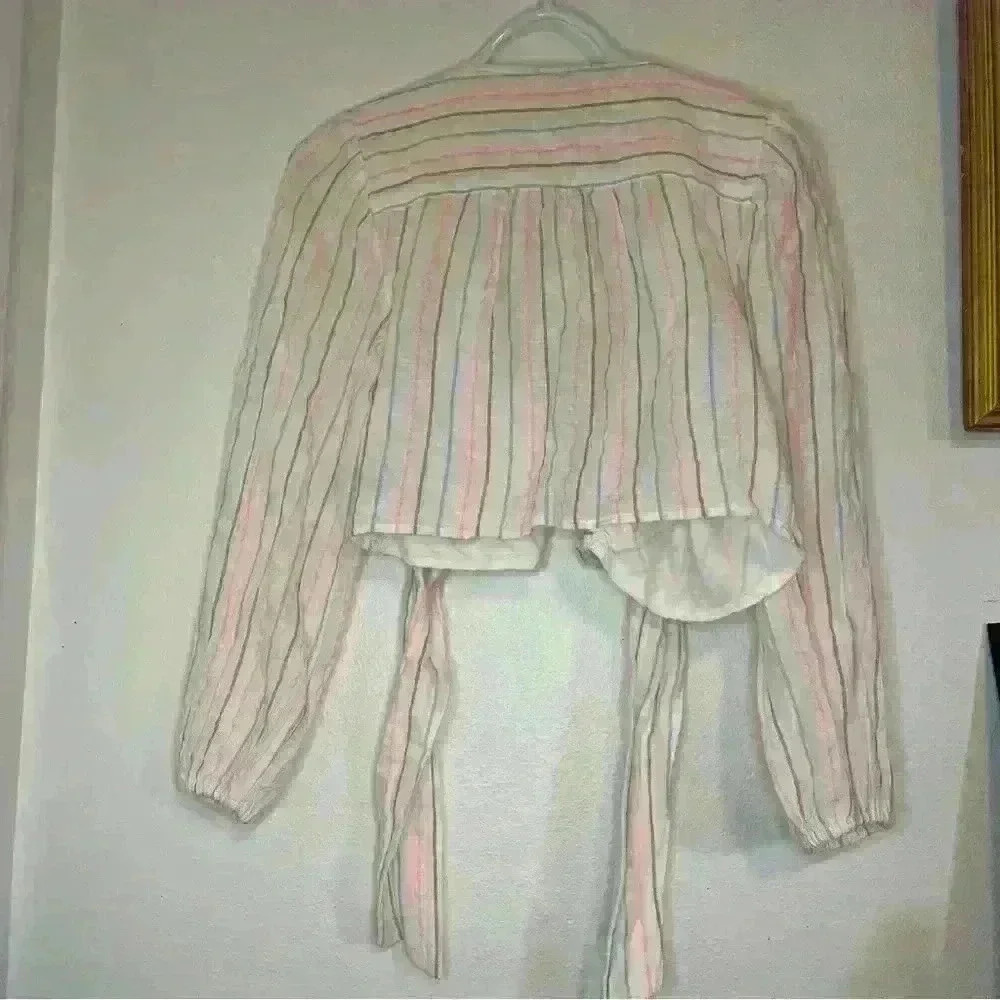 American Eagle Crop Tie Front Long Sleeve Stripe Linen Blend Top size Small - Picture 5 of 8